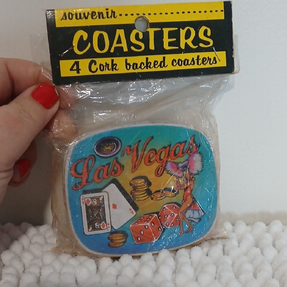 Vintage Retro Las Vegas Souvenir Coasters -‎ Colorful Cork Backed Set